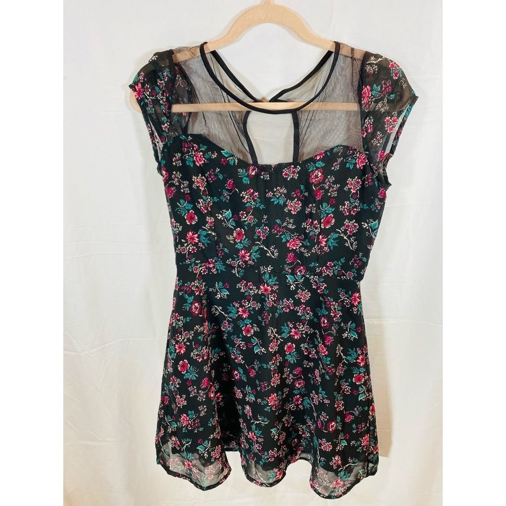 Jennyfer Womens‎ Blouse Black Pink Floral Illusion Neck Keyhole Zipper Top M